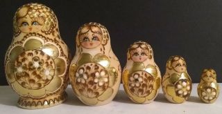 Russian 5 Piece Nesting Dolls Wood Burned Art Hand Painted Gilded 3.  75 " Tallest