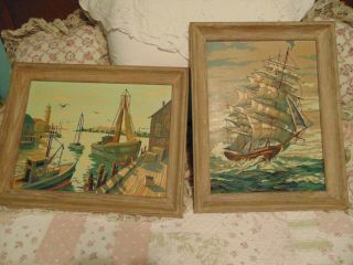 Pr Vintage Paint By Numbers Framed Paintings Clipper Ship Fishing Boat Nautical