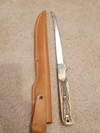 Schrade Uncle Henry Usa 167 Staglon Fillet Knife With Leather Sheath Usa