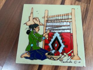 Cleo Teissedre Ceramic Tile Wall Art Trivet Native American Woman Loom Weaver
