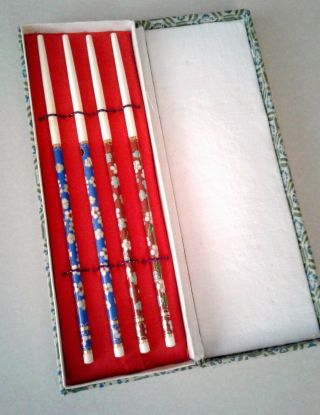 Set Of 2 Pairs Vtg Chinese Bovine Bone Cloisonne Chopsticks