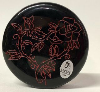 Vintage Fenton Art Glass 3.  5 " Solid Black Ebony Rock Engraved Red Rose W/ Tag