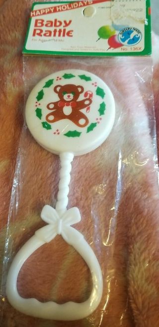 Christmas Baby Rattle Teddy Bear Vintage Plastic White Red Green