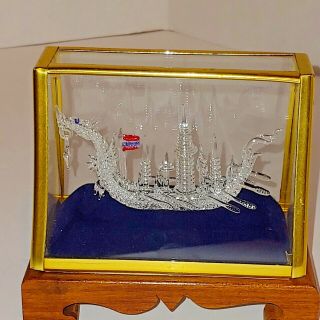 Vintage Spun Glass Dragon Boat Wood And Glass Display Case