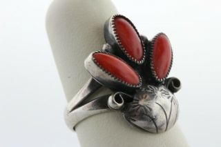 Vintage Handmade Southwestern Sterling Silver 925 Red Coral Scroll Ring - Size 7