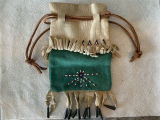 Native American Beaded Leather Tobacco Bag,  Medicine Pouch With Silver Tassels.