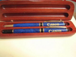 Vintage Nos Canon Pen Ball Point Blue Marble,  Gold Rosewood Case Blue/black Ink
