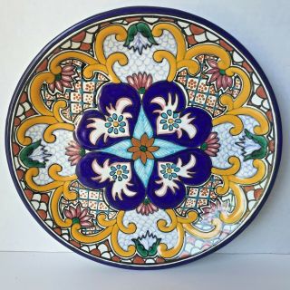 Talavera Pottery Plate Mexican Hand - Painted 11 - 3/4’’ Round Wall Dinner Gold Blue