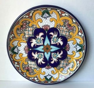 Talavera Pottery Plate Mexican Hand - painted 11 - 3/4’’ Round Wall Dinner Gold Blue 2
