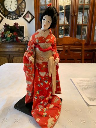 17” Antique Japanese Geisha Doll,  Elegantly Costumed In Embroidered Silk