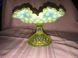 Vintage Fenton Opalescent Hobnail Yellow Topaz Footed Bowl/compote.