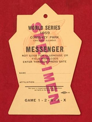 Vintage 1959 Chicago White Sox Vs Dodgers World Series Press Pass Ticket Early