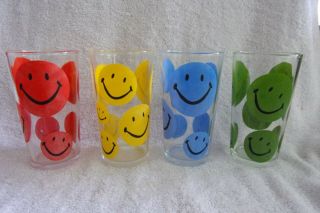 Vintage Happy Face Drinking Glasses Red Yellow Blue Green Set Of 4