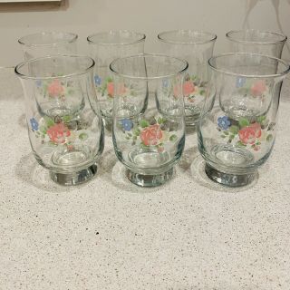 Pfaltzgraff Tea Rose Drinking Glasses Libbey - Set Of 7 Vtg Floral Pink