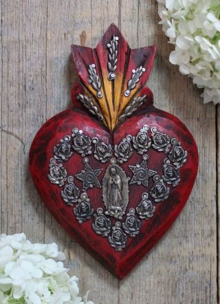 Medium Sz Red Sacred Heart Wood With Milagros Miracle Mexican Folk Art Michoacán