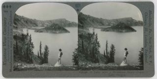 Oregon Man Looking Over Crater Lake & Wizard Island Stereoview 26189 1071a