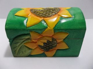 Vintage Mexican Folk Art Hand Carved Wood Jewelry Trinket Box Sunflowers