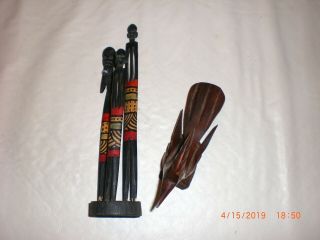 African Tribal Art Statues Ebony Wood Hand Carved Warriors Family 7 " Tall