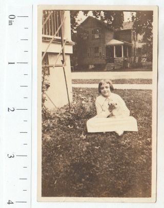 Cute Little Girl Holding White Bunny Rabbit In Yard 1920s Snapshot Photo - P885