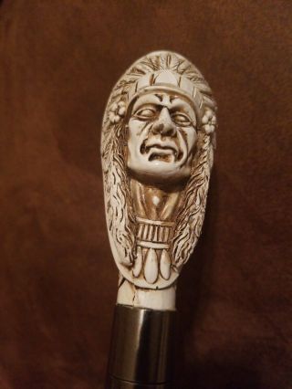 Native American Indian Chief Walking Stick Cane Metal Hand Rubber End