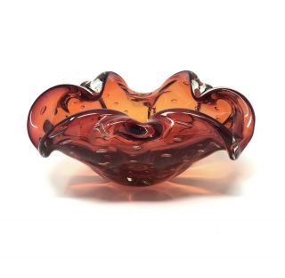 Vintage Murano Ruby Red Abstract Controlled Bubble Pinched Art Glass Bowl