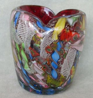 Vintage Murano end - of - day vase: millefiori foil ribbons latticino aventurine 3