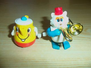 Tomy Wind - Up Toy Figures - Cat Playing Trombone & Coffee Tea Pot W Opening Lid