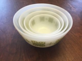 Vintage Anchor Hocking Fire King Dutch Clover Mixing Bowl Set Of 4 Green Floral