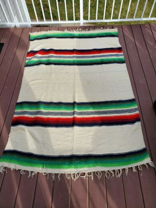 Authentic Mexican Falsa Blanket W/ Fringe Hand Woven Wool Yoga Vintage 79 " X 51 "