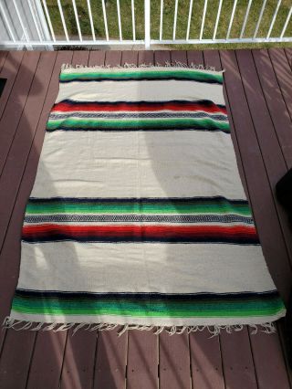 Authentic Mexican Falsa Blanket w/ Fringe Hand Woven Wool Yoga Vintage 79 