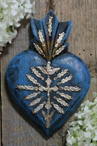 Medium Blue Sacred Heart Wood With Milagros Miracle Mexican Folk Art Michoacan