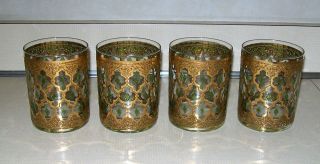 Vintage Mcm Set Of 4 Culver Valencia 22k Gold Green Low Ball Rocks Glasses