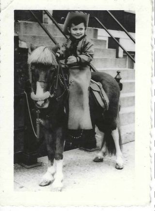 1278p Vintage Photo Little Boy Wearing Cowboy Hat Chaps Riding A Gorgeous Pony