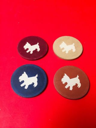 4 Antique Poker Chips Scotty Dog Scottish Terrier Clay Vintage Rare Old