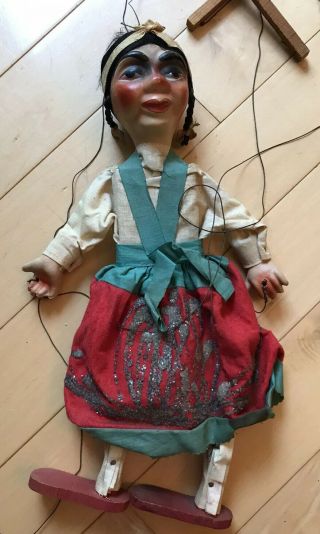 Vintage Mexican Woman Marionette Folk Art Wooden Sombrero String Puppet
