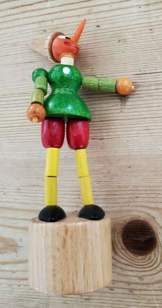 Vintage Push Up Toy Pinocchio Puppet; Push Button; Wooden