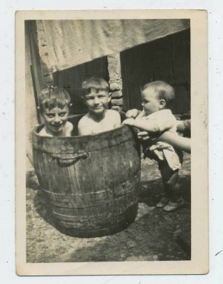 Two Little Boys Bathing In A Barrel Lovely 1930 