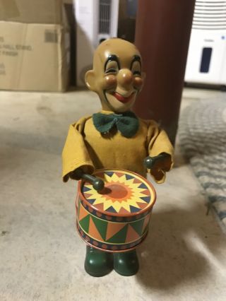 Wind - Up Tin Toy Clown Playing Drum (missing Hat)