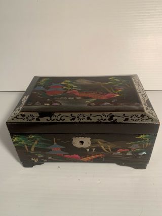 Japanese Jewelry & Music Box Hand Painted Black Lacquered Vintage - Good