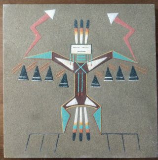 Vintage Native American Navajo Sand Art Signed Titled Thunder Bird