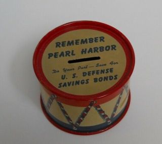 Rare Vtg Remember Pearl Harbor Defense Savings Drum Bank 1942,  Ohio Art Co.