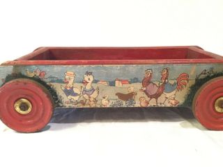 Vintage Red Wood Wagon Metal Wheels Primitive Decor Toy Cart 1940s 14” Long