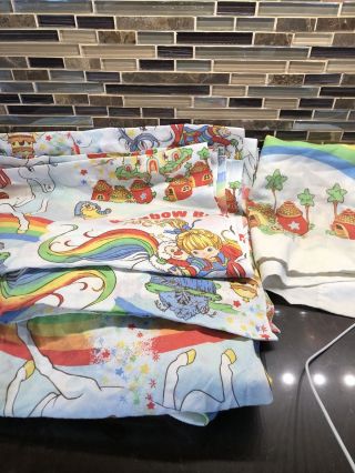 Vintage 1983 Rainbow Brite Twin Sheet Flat Fitted Pillow Hallmark Cards Fabric
