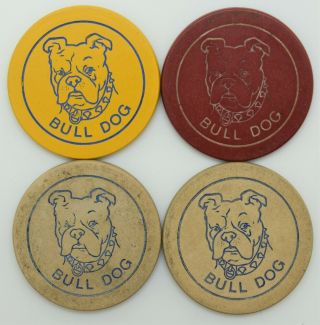 4 Real Clay Engraved Inlay Poker Chips From The Years Of 1930 - 1965 Bulldogs