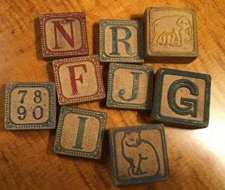 9 Antique Children’s Toy Wooden Blocks Alphabet & Pictures 2 Sided 2 Sizes