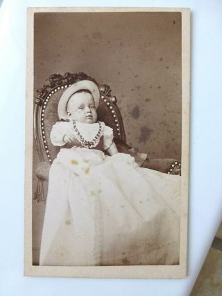 Antique Cdv Cabinet Photo Sweetest Baby Long Gown Crocheted Bib Adorable Hat