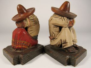 Vintage Mexican Folk Art Polychrome Handcarved Wooden Bookend Pair