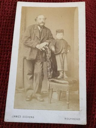 Victorian Cdv Photo Man With Little Boy Standing On Chair Holyhead Photographer