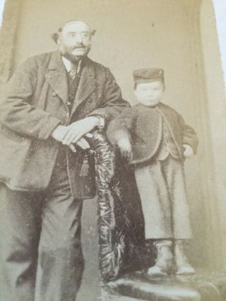 Victorian CDV Photo Man With Little Boy Standing On Chair Holyhead Photographer 2