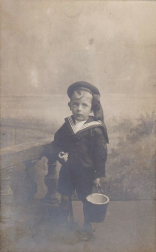 Old Photo Children Boy Fashion Military Navy Style Suit Bucket Th529